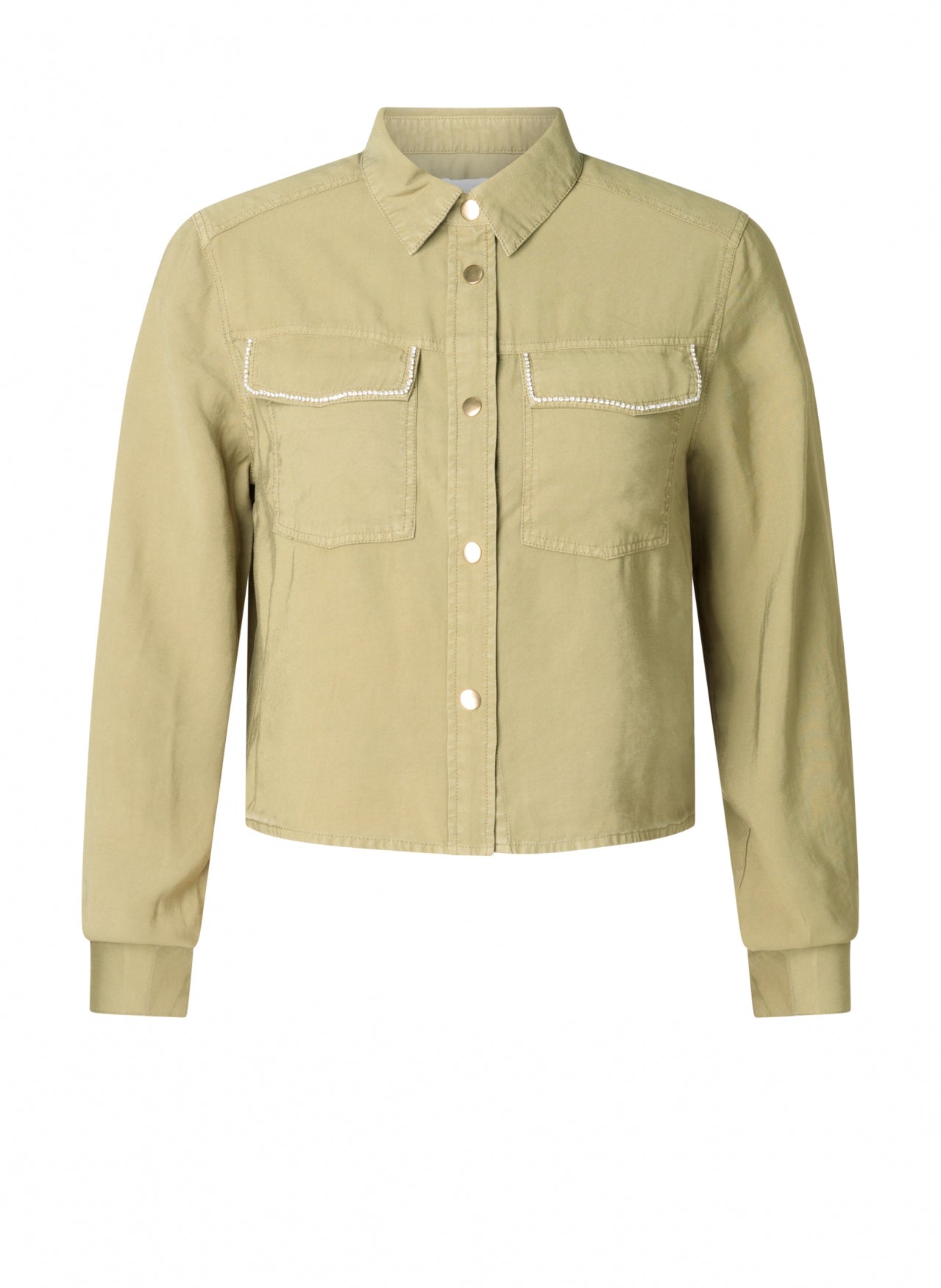 Yest Khaki Green & Silver Diamante Trim Denim Cropped Jacket