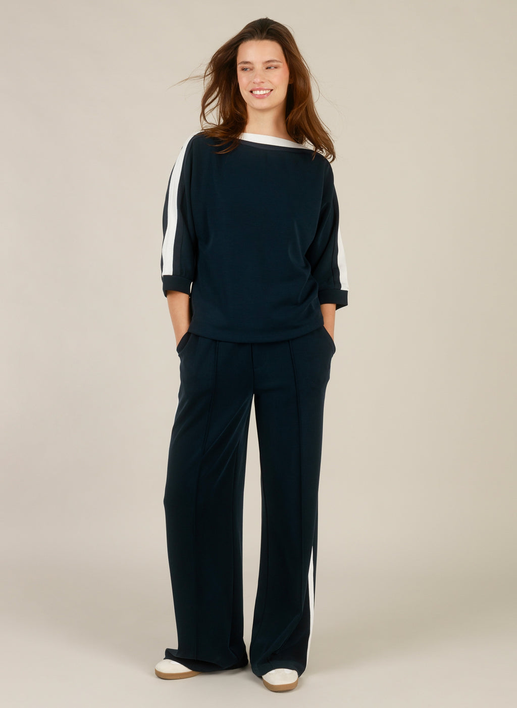 Yest Navy Blue & Antique White Side Stripe Modal Wide Leg Trousers