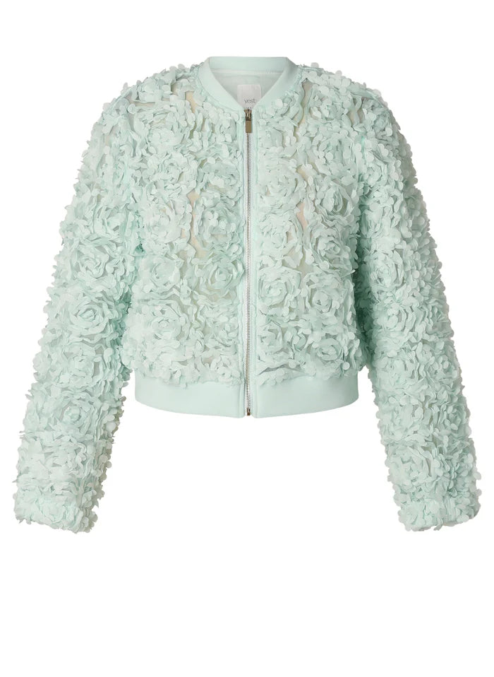 Yest Pastel Green Floral Applique Bomber Jacket