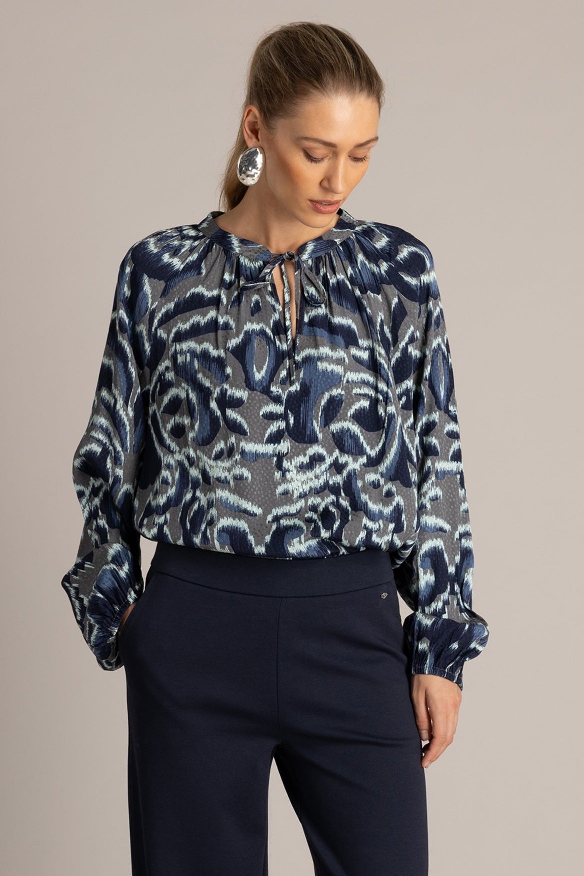 Yest Grey Melange & Navy Blue Tone Abstract Blouse