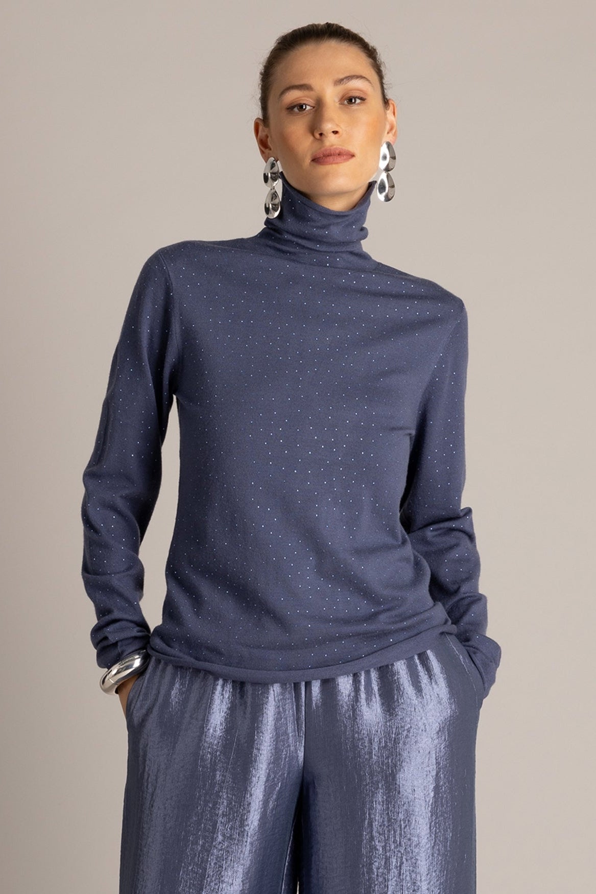 Yest Grey Melange Diamante Embellished Turtleneck Knitted Top