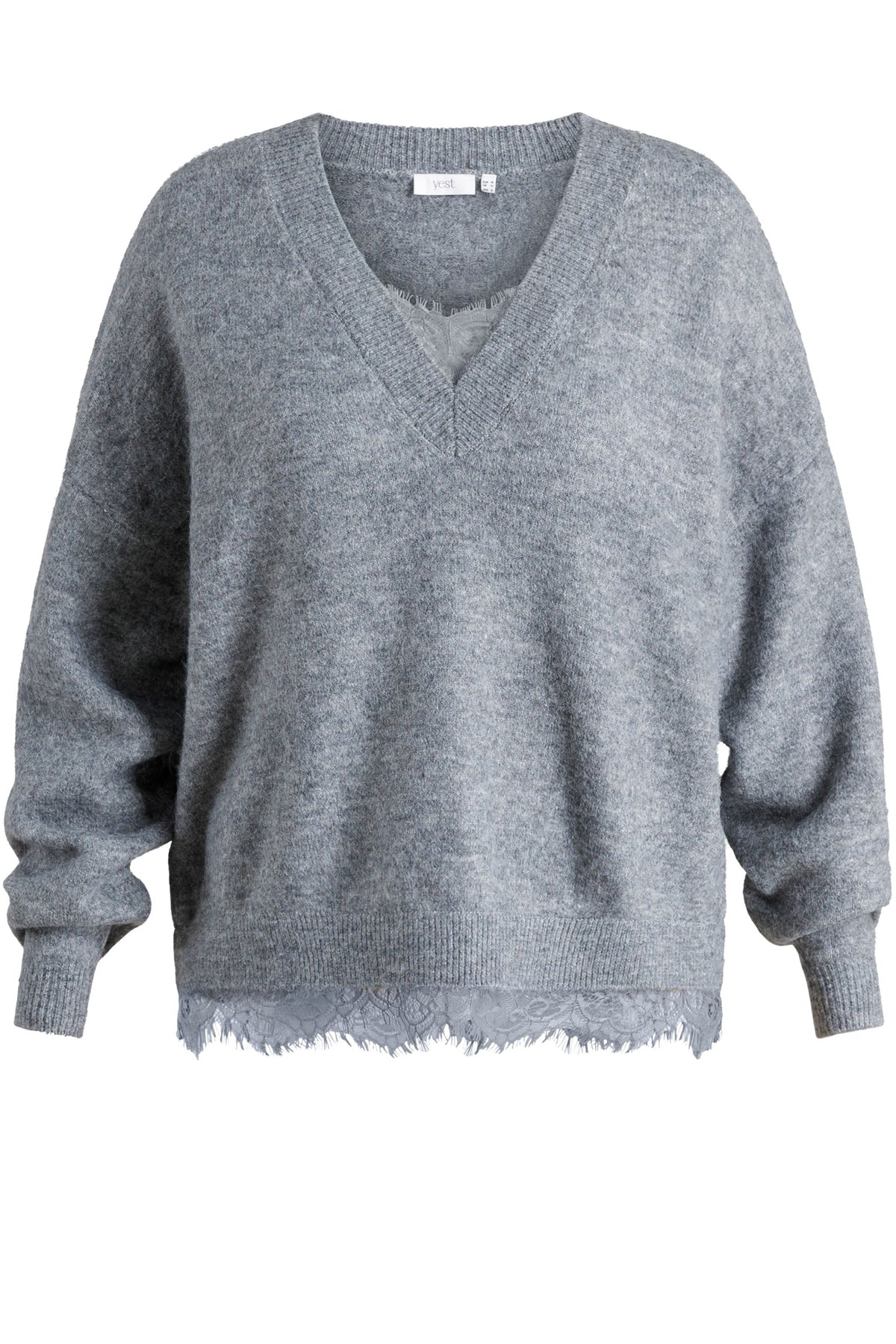 Yest Grey Melange & Lace Detail V Neck Oversized Jumper