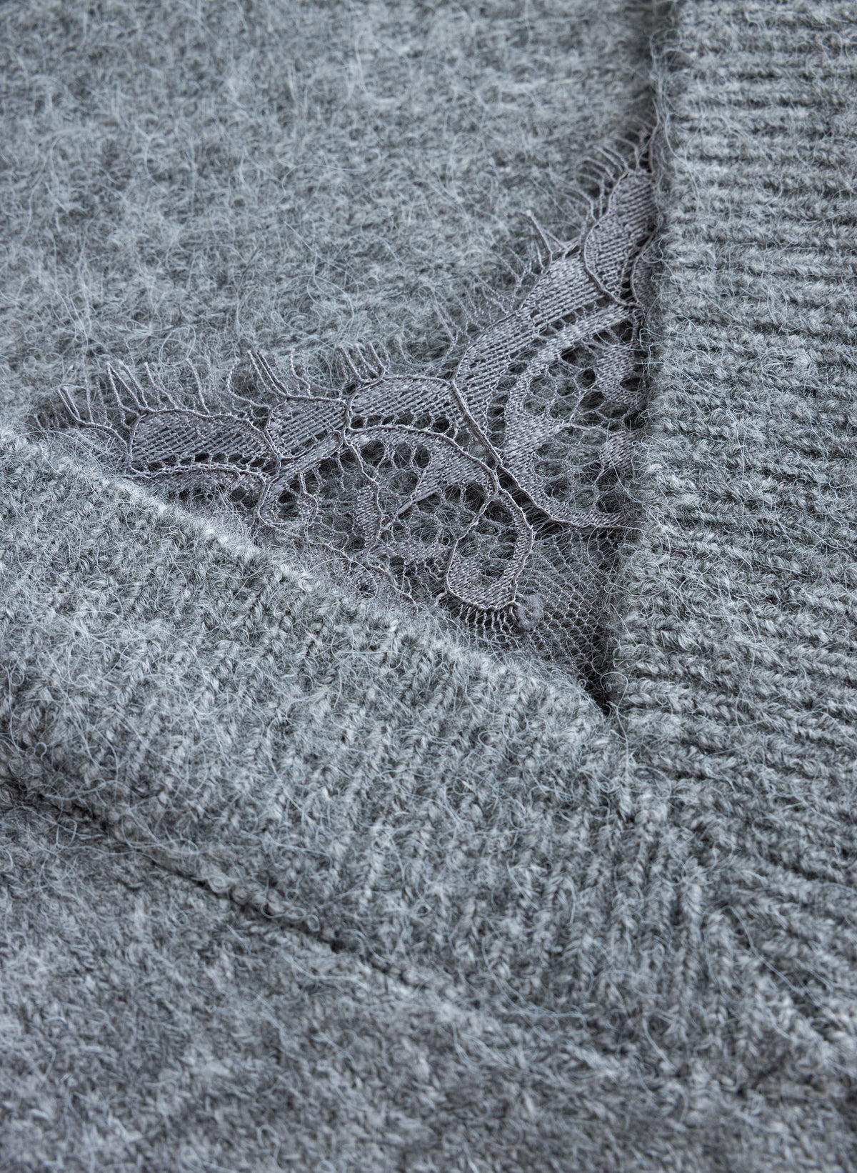 Yest Grey Melange & Lace Detail V Neck Oversized Jumper