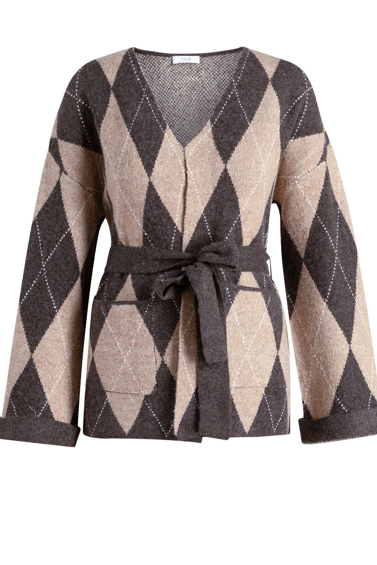Yest Mixed Coffee Brown Arygle Check Oversized Cardigan