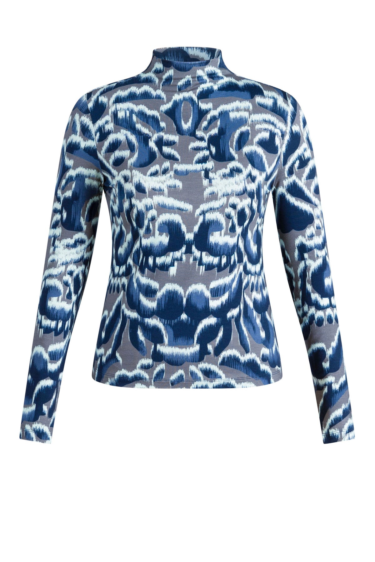 Yest Mixed Grey Melange & Blue Tone Abstract Print Turtle Neck Top