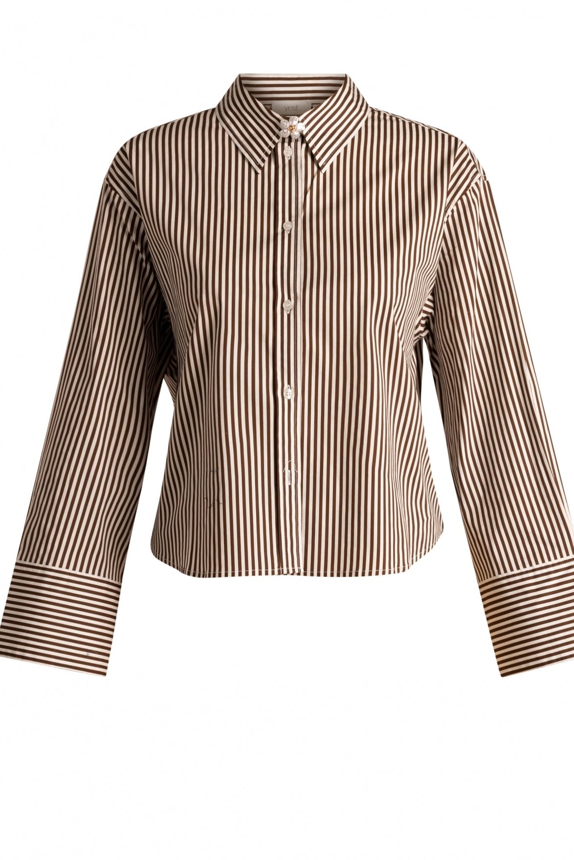 Yest Mocca Brown & Off White Striped Tie Belt Flower Pearl Brooch Button Shirt