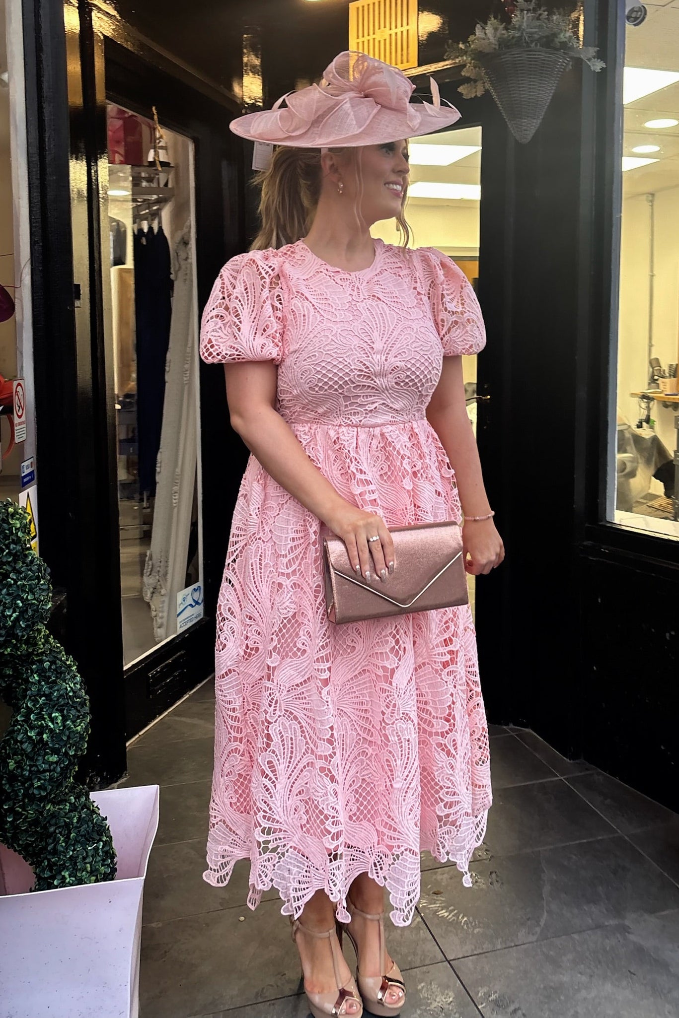 Guipure Lace Puff Sleeve Baby Pink Midi Dress