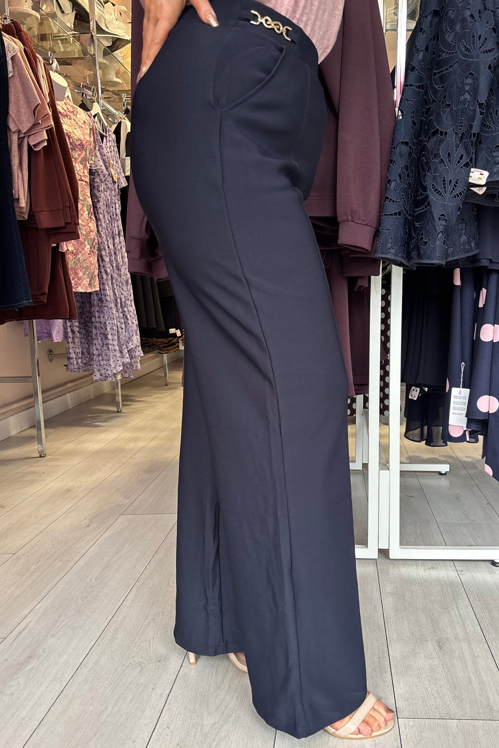 “The Jenny” Navy Gold Buckle Wide Leg Soft Feel Scuba Trousers