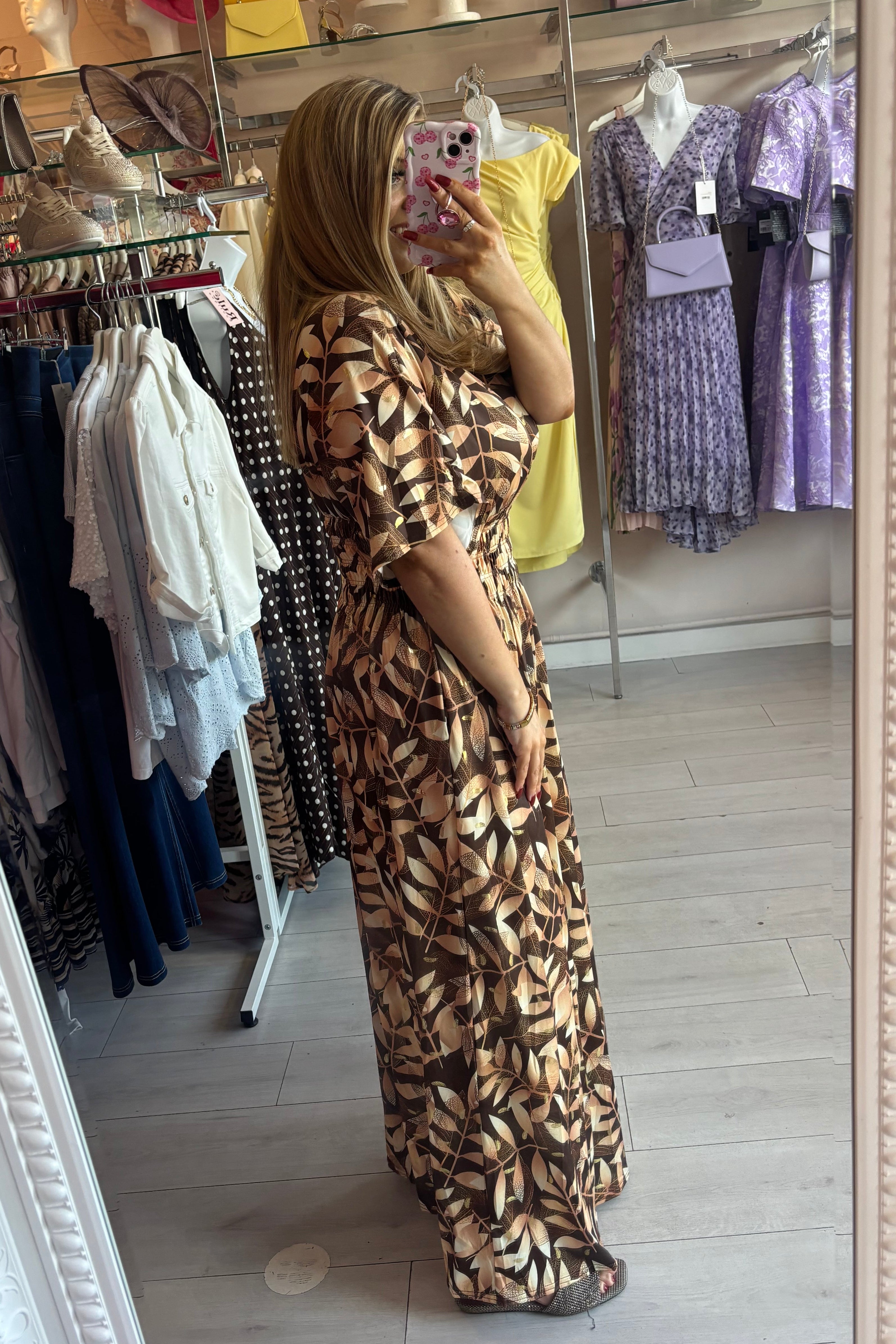 Mixed Brown & Beige Gold Metallic Lurex Leaf Print Summer Maxi Dress