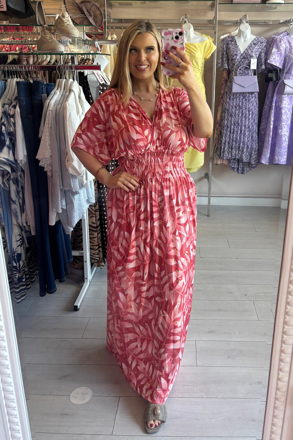 Mixed Berry Pink Tone Gold Metallic Lurex Leaf Print Summer Maxi Dress
