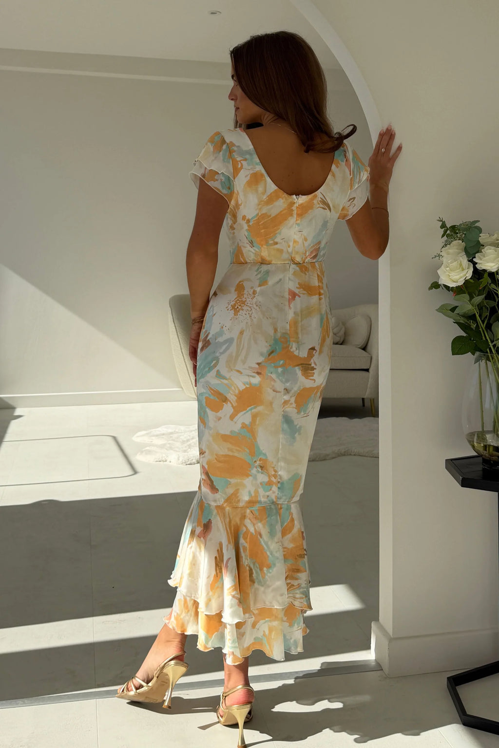 Mixed Orange Tone Abstract Fishtail Midi Dress