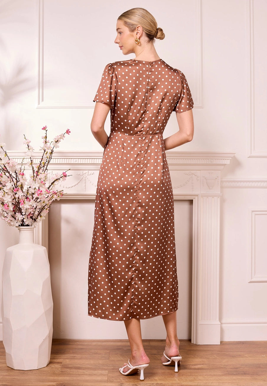 Chocolate Brown Polka Dot Satin Midi Dress