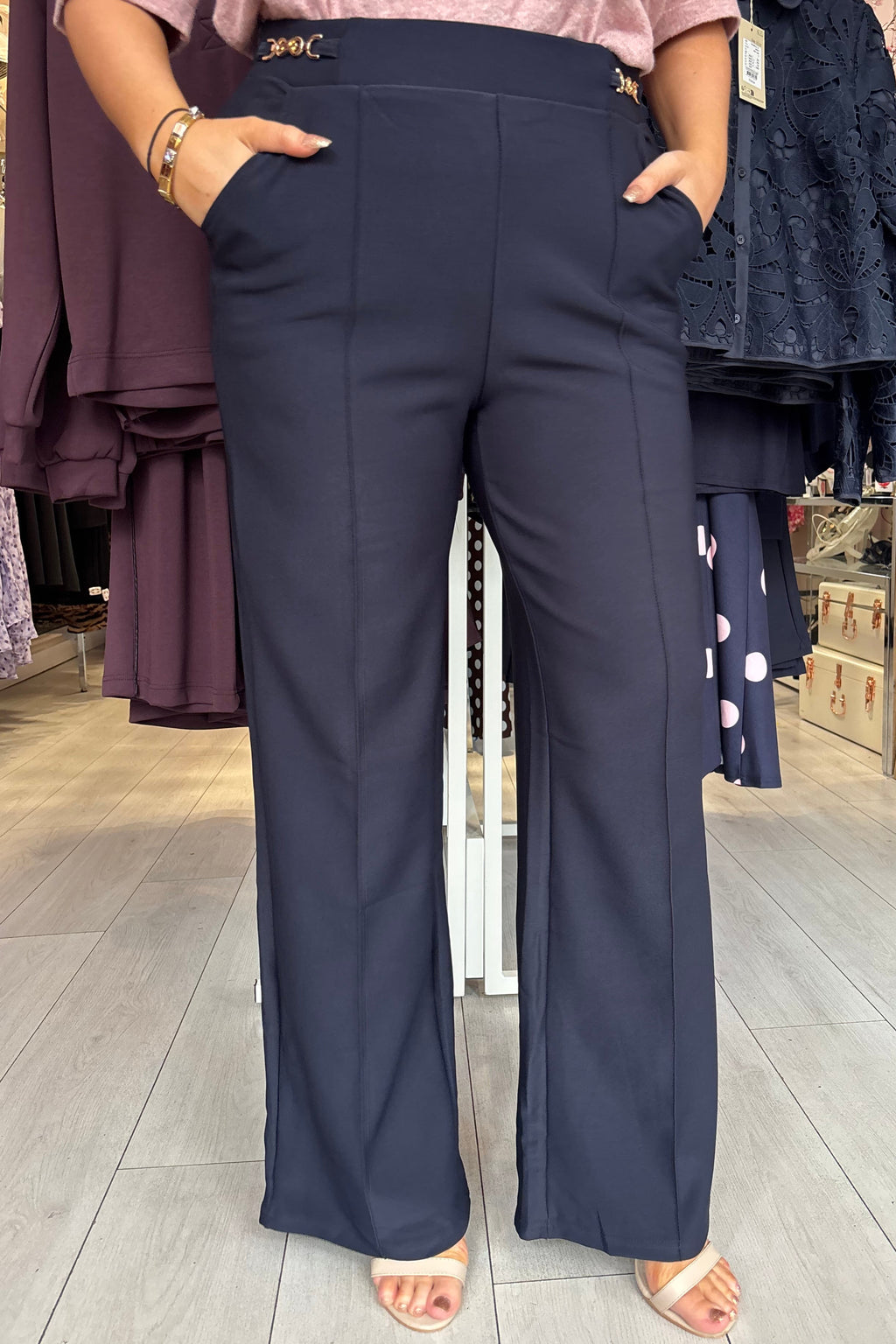 “The Jenny” Navy Gold Buckle Wide Leg Soft Feel Scuba Trousers