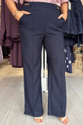 “The Jenny” Navy Gold Buckle Wide Leg Soft Feel Scuba Trousers