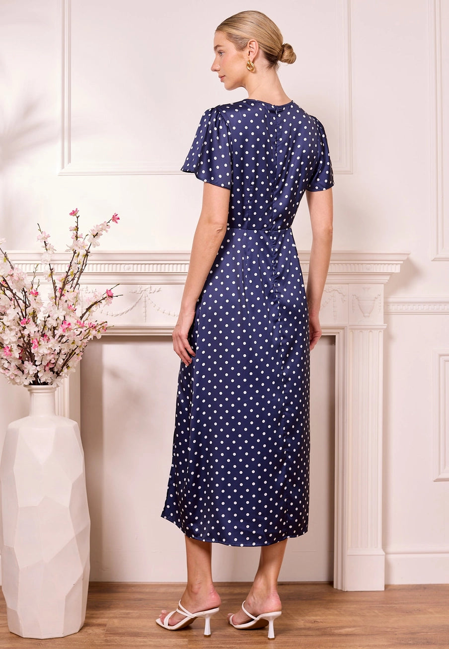 Navy Blue Polka Dot Satin Midi Dress