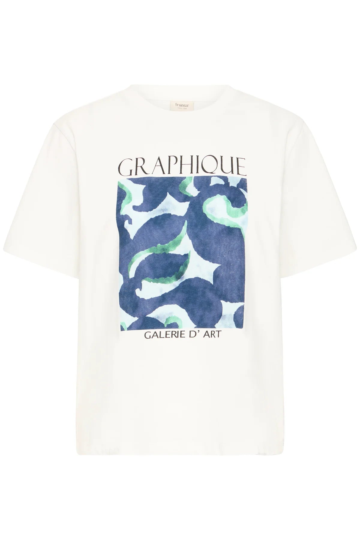 Fransa Navy Blue & Green Printed Abstract White T-Shirt