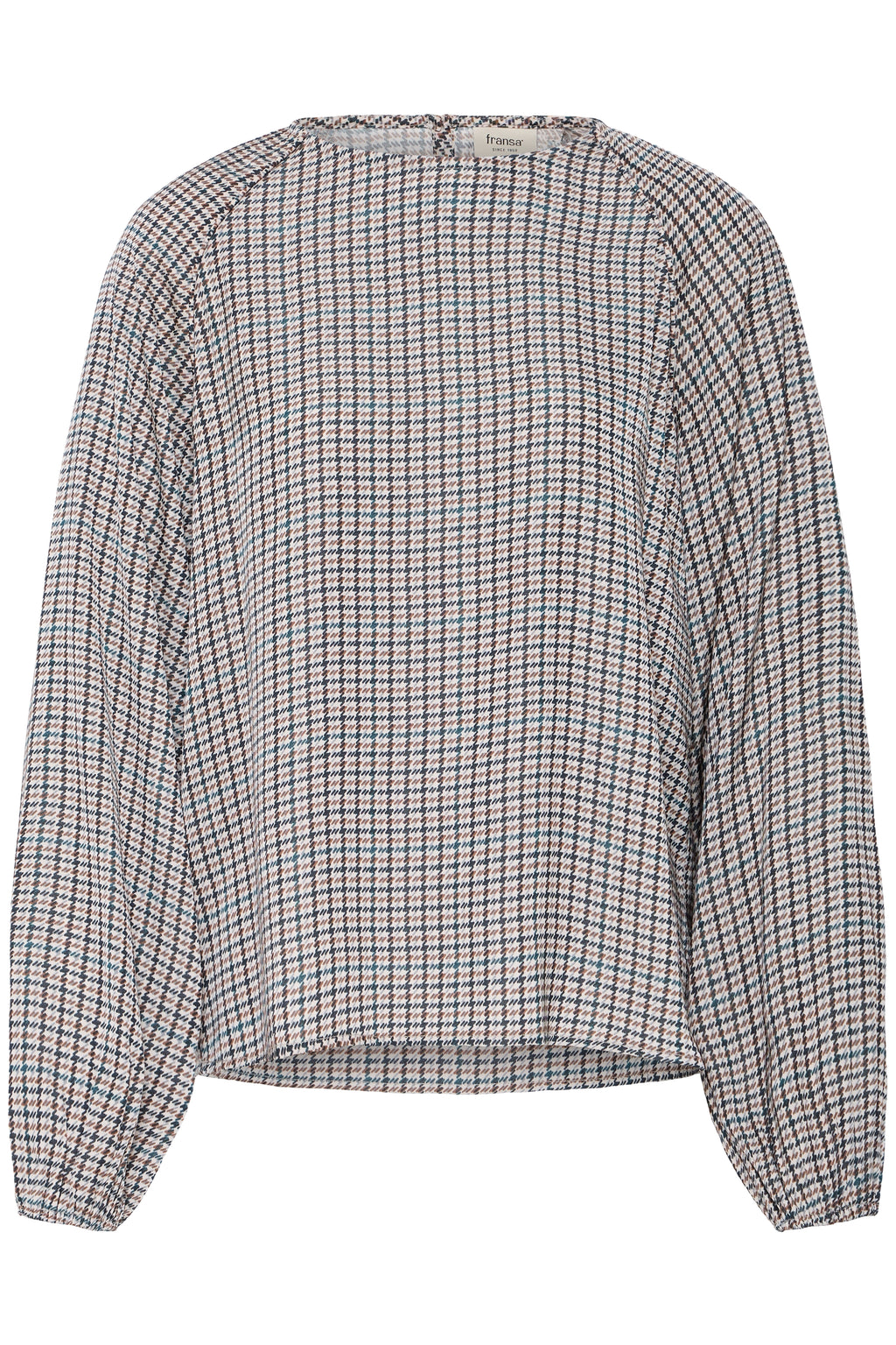 Fransa Mixed Toffee & Salute Navy Blue Houndstooth Satin Blouse