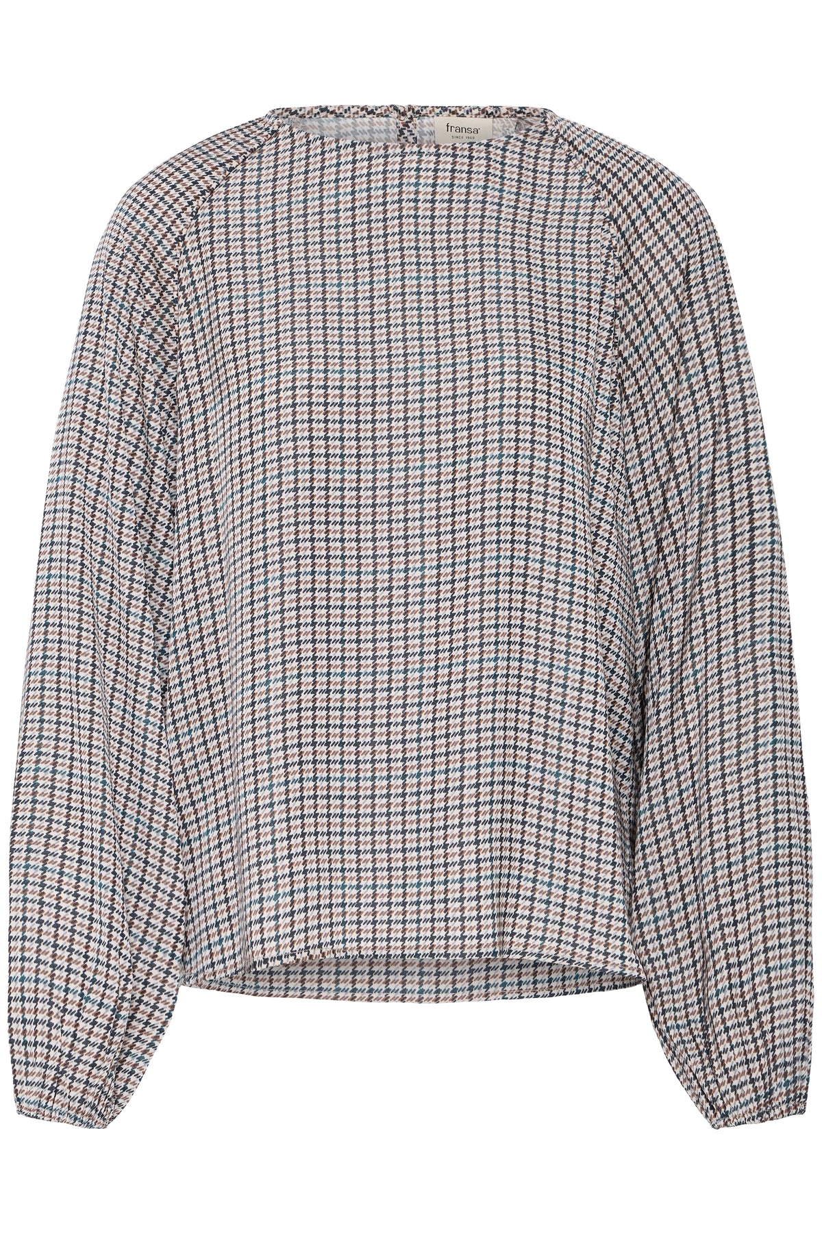 Fransa Mixed Toffee & Salute Navy Blue Houndstooth Satin Blouse