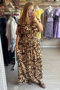 Mixed Brown & Beige Gold Metallic Lurex Leaf Print Summer Maxi Dress