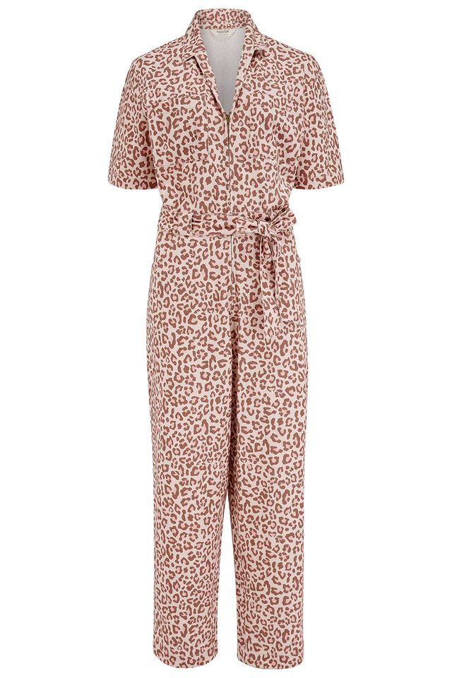 Sugarhill Brighton Neutral Tone Leopard Print Denim Boiler Style Jumpsuit