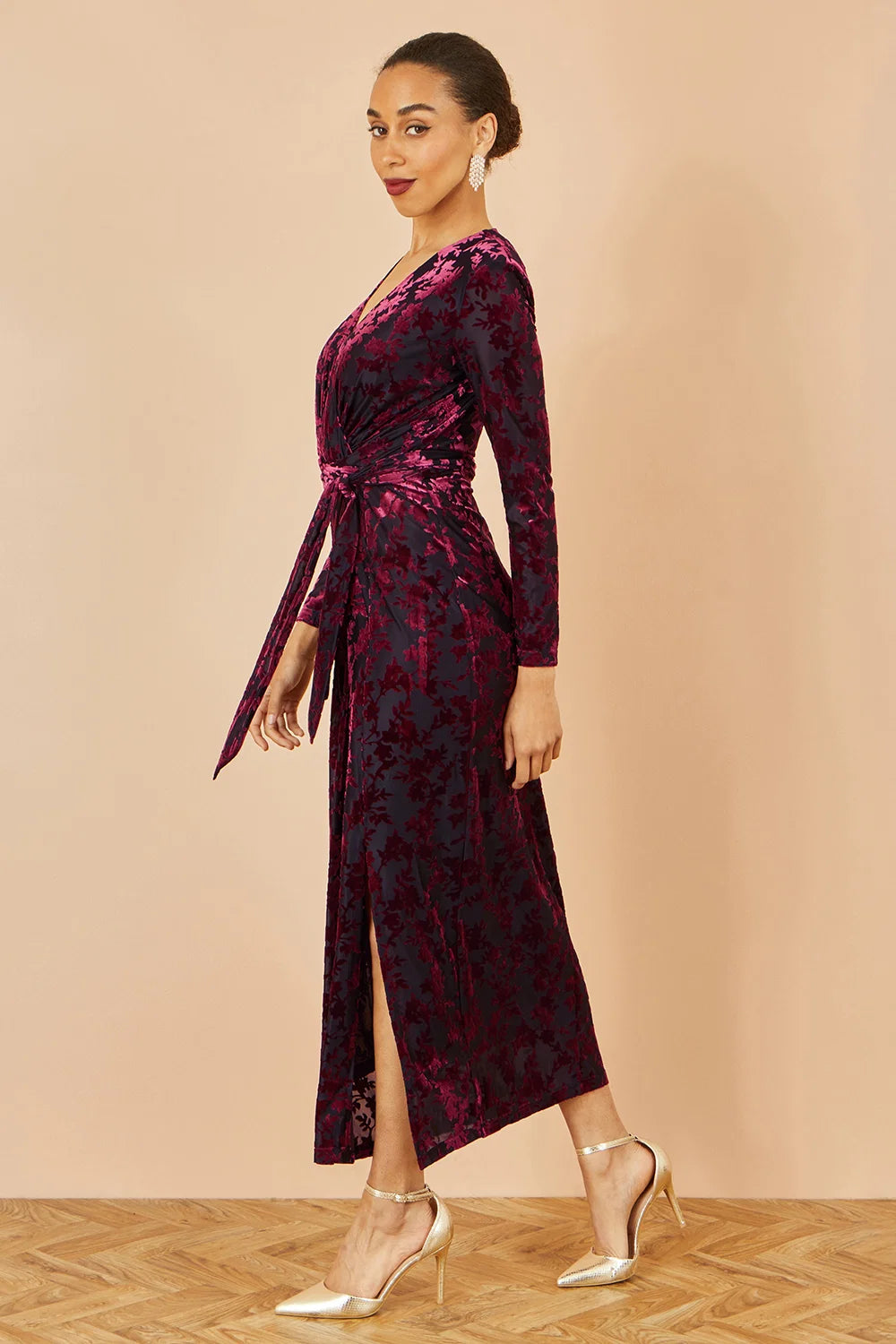 Plum Velour Tie Detail Long Sleeve Midi Dress