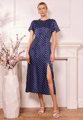 Navy Blue Polka Dot Satin Midi Dress