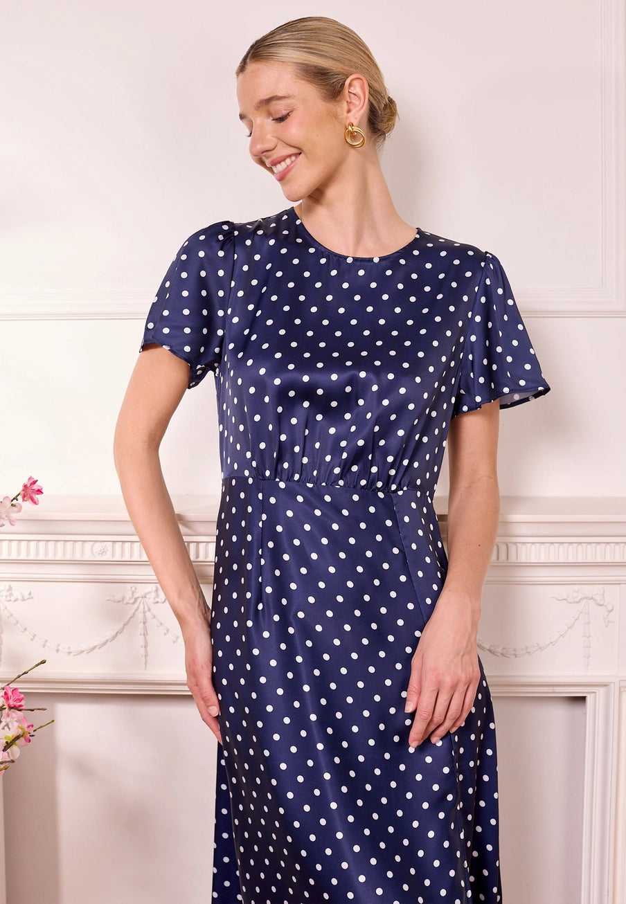 Navy Blue Polka Dot Satin Midi Dress