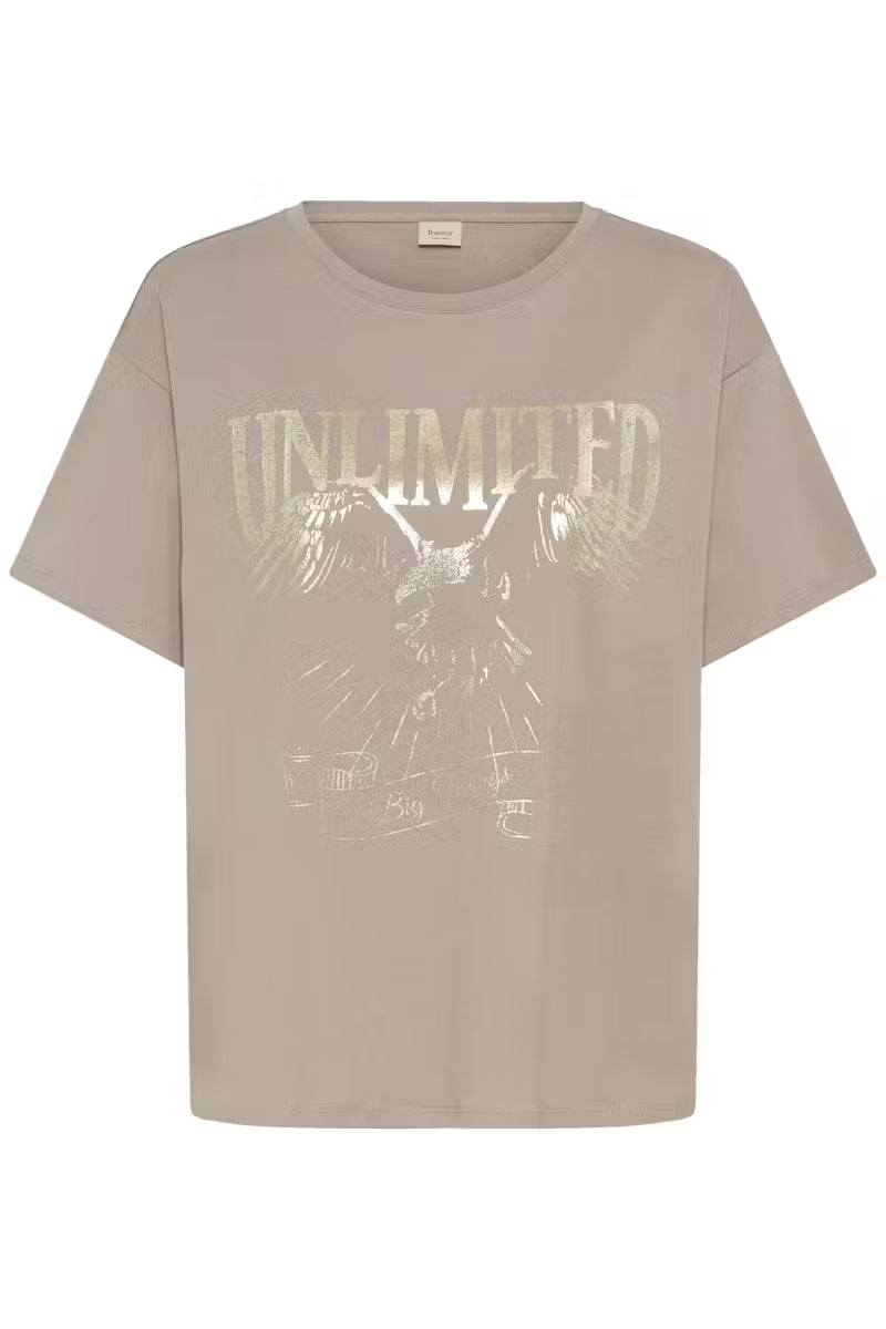 Fransa Unlimited Gold Metallic Eagle Slogan Moon rock Taupe T-shirt