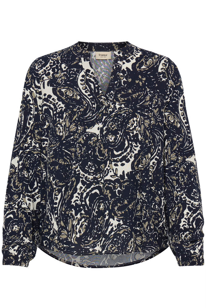 Fransa Navy Blue & Neutral Paisley Print V Neck Blouse