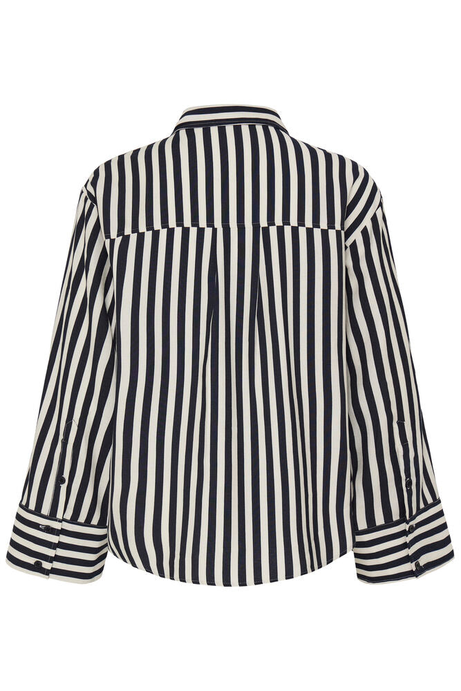 Fransa Salute Navy Blue & White Block Striped Shirt