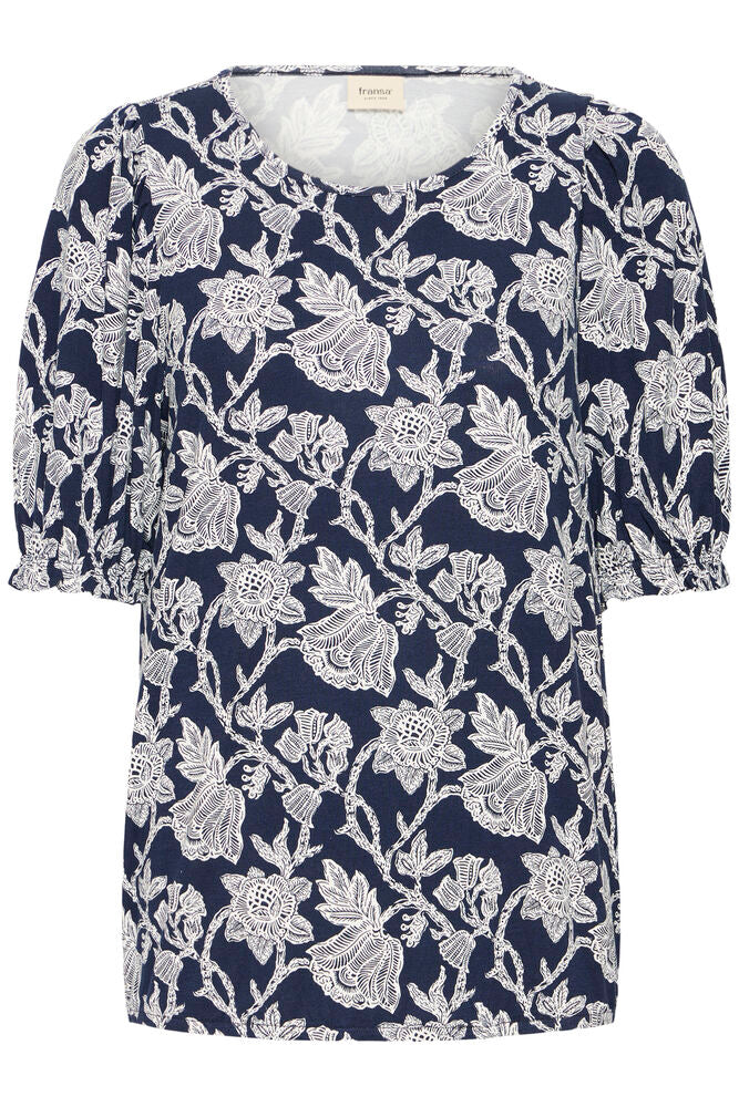Fransa Navy Blue Floral Print Top