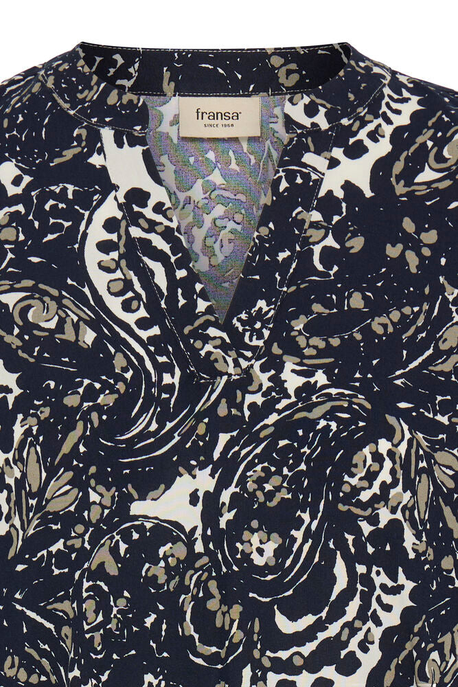 Fransa Navy Blue & Neutral Paisley Print V Neck Blouse