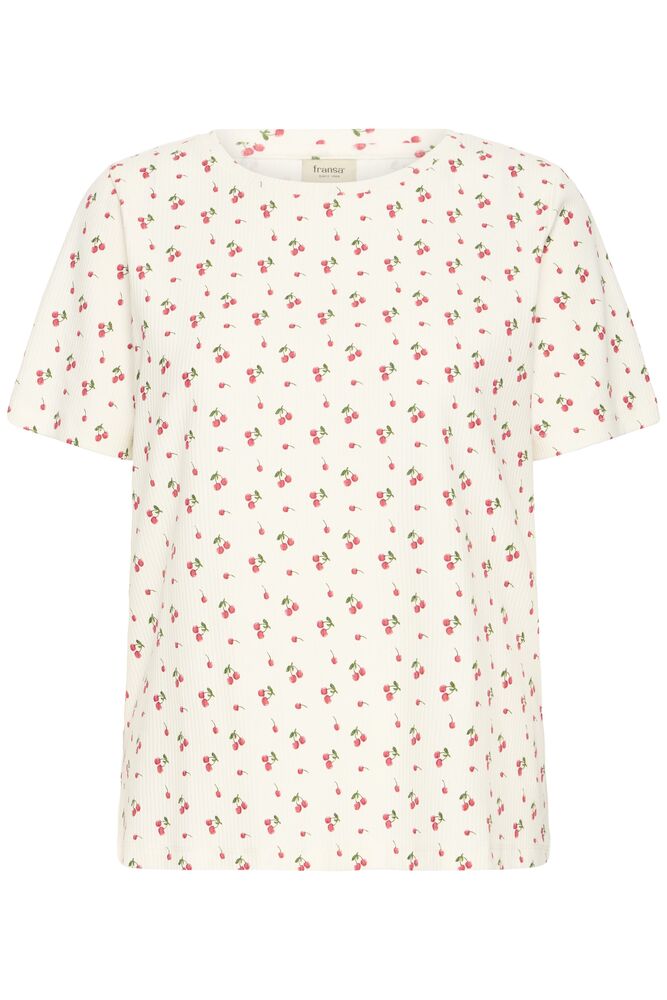 Fransa Cream & Cherry Print Ribbed Top
