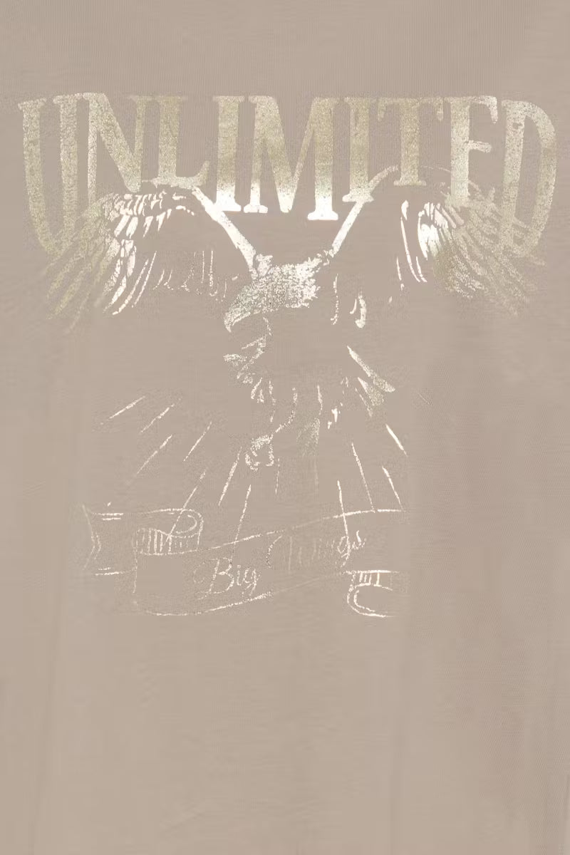 Fransa Unlimited Gold Metallic Eagle Slogan Moon rock Taupe T-shirt