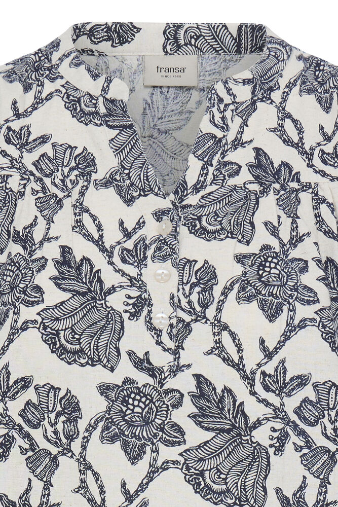 Fransa Neutral & Navy Floral Design Linen V Neck Blouse