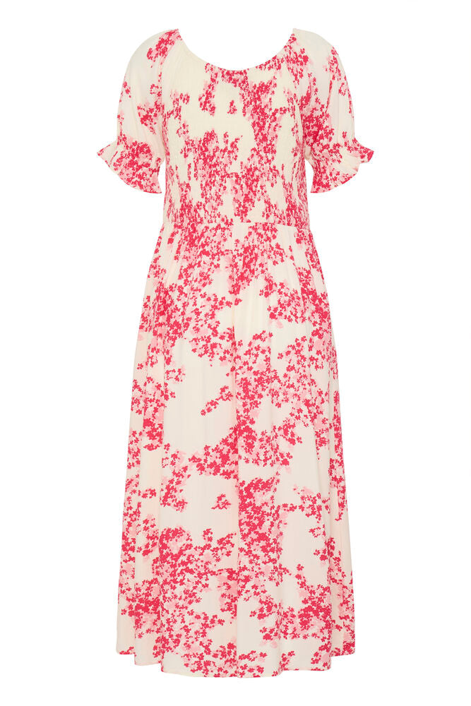 Fransa Soft Pink Mixed Floral Shirred Midi Dress