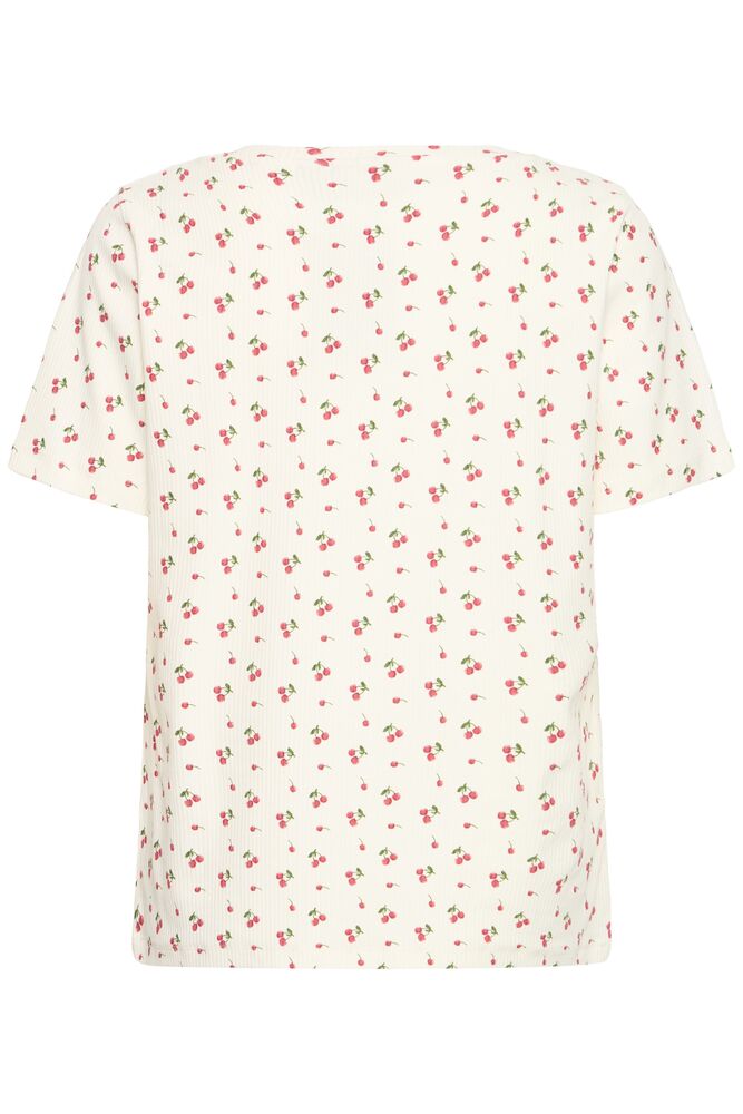Fransa Cream & Cherry Print Ribbed Top