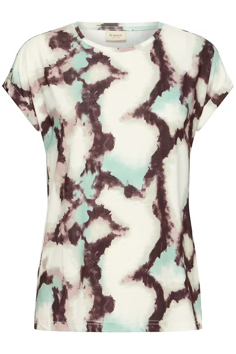 Fransa Mixed Creme & Green Tone Marble Print Short Sleeve Top