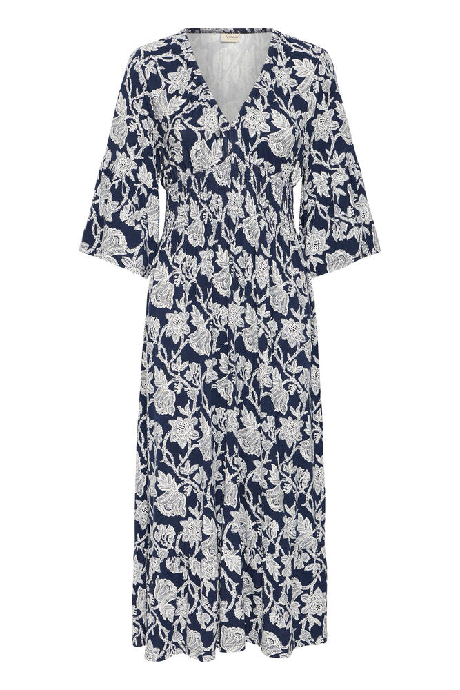 Fransa Navy & White Floral Shirred Midaxi Dress