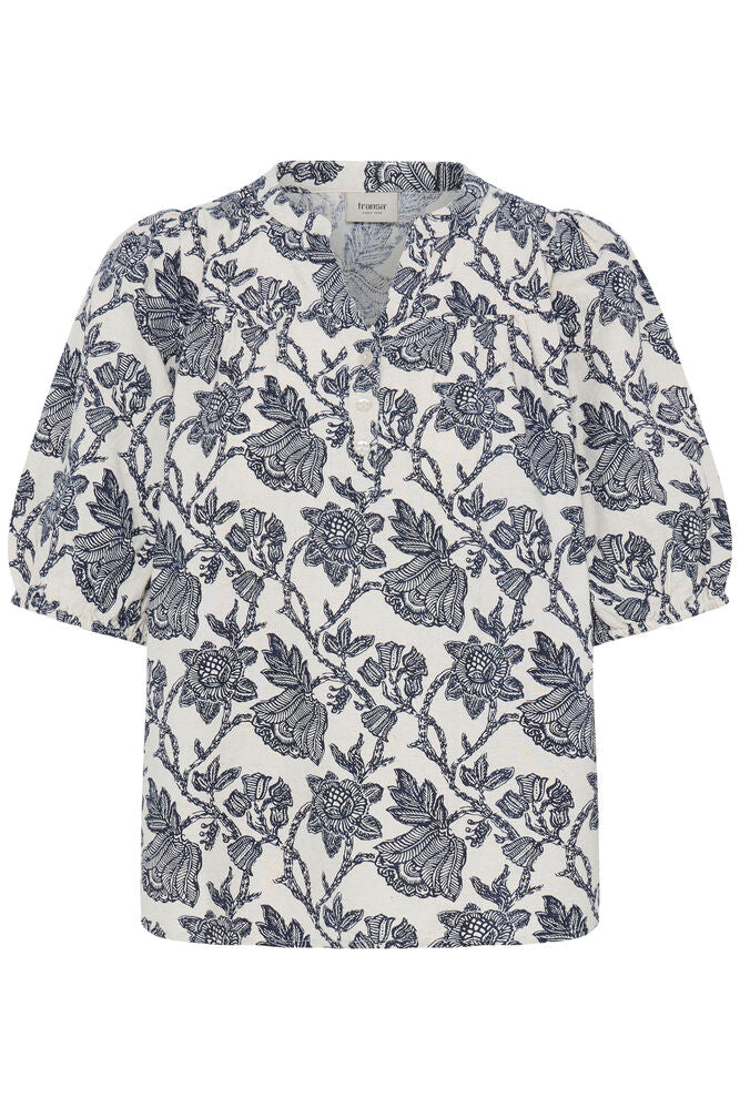 Fransa Neutral & Navy Floral Design Linen V Neck Blouse