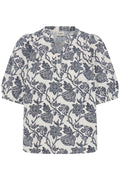 Fransa Neutral & Navy Floral Design Linen V Neck Blouse