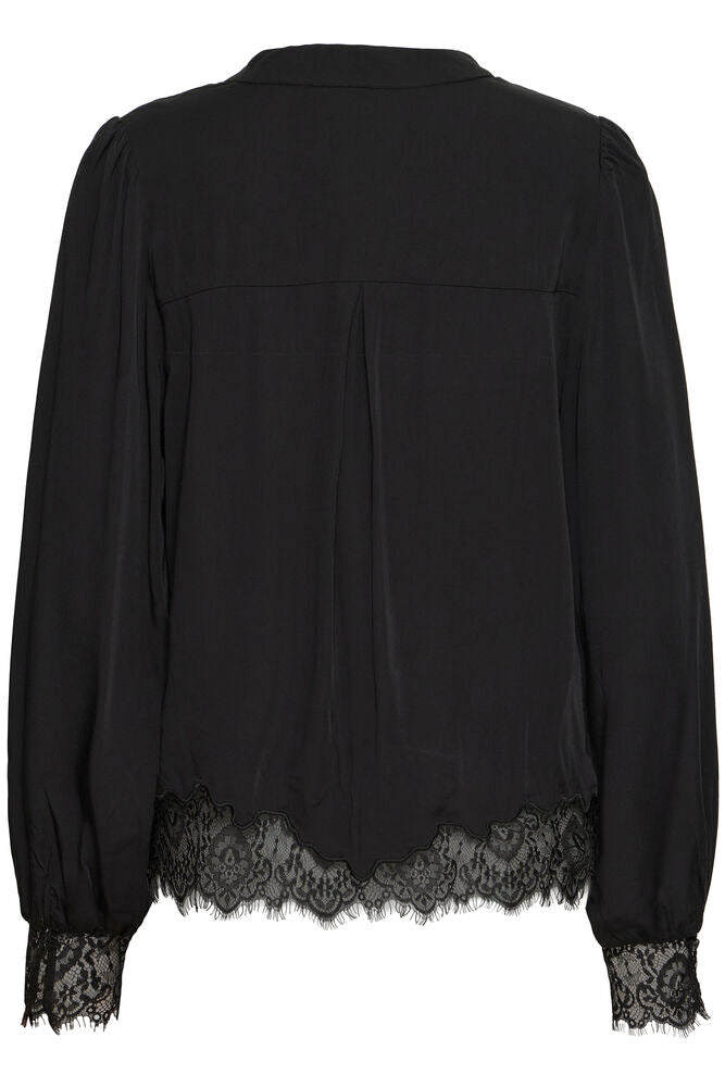 Fransa Black Lace Trim V Neck Blouse