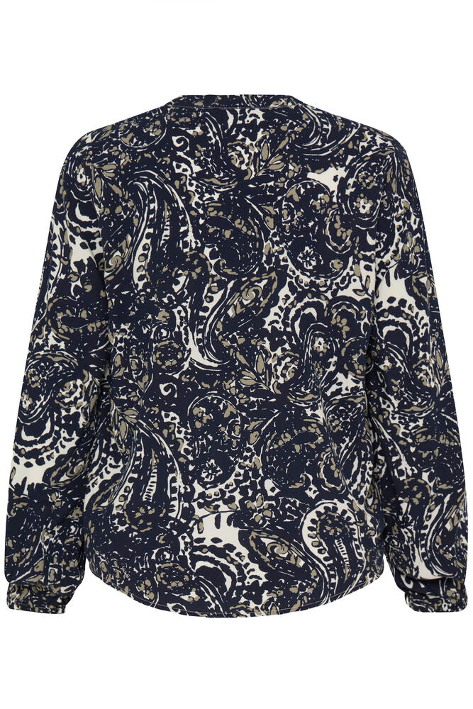 Fransa Navy Blue & Neutral Paisley Print V Neck Blouse
