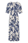 Fransa White & Blue/Navy Shirred Floral Midaxi Dress