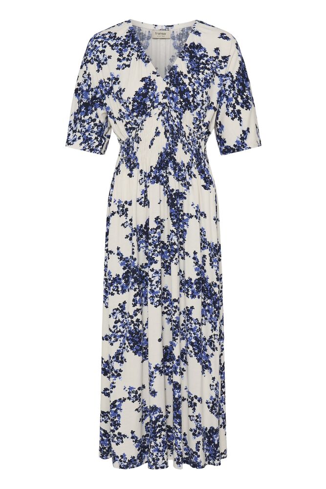 Fransa White & Blue/Navy Shirred Floral Midaxi Dress