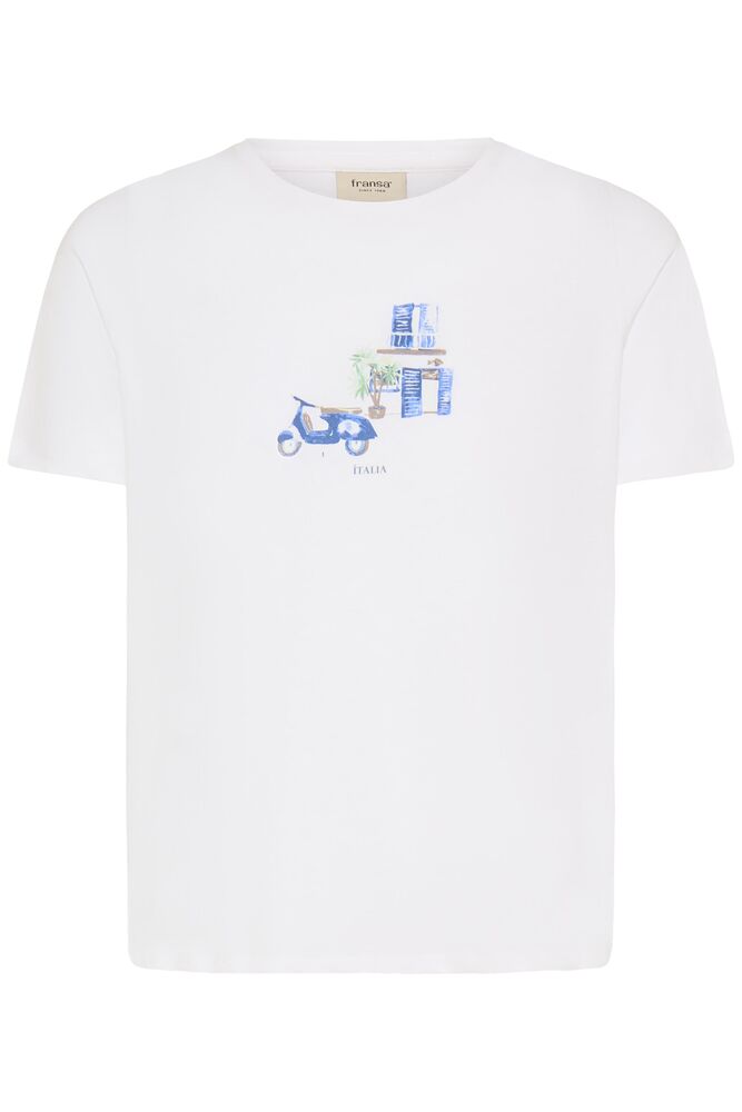 Fransa Italia Blue Printed White Cotton T-Shirt