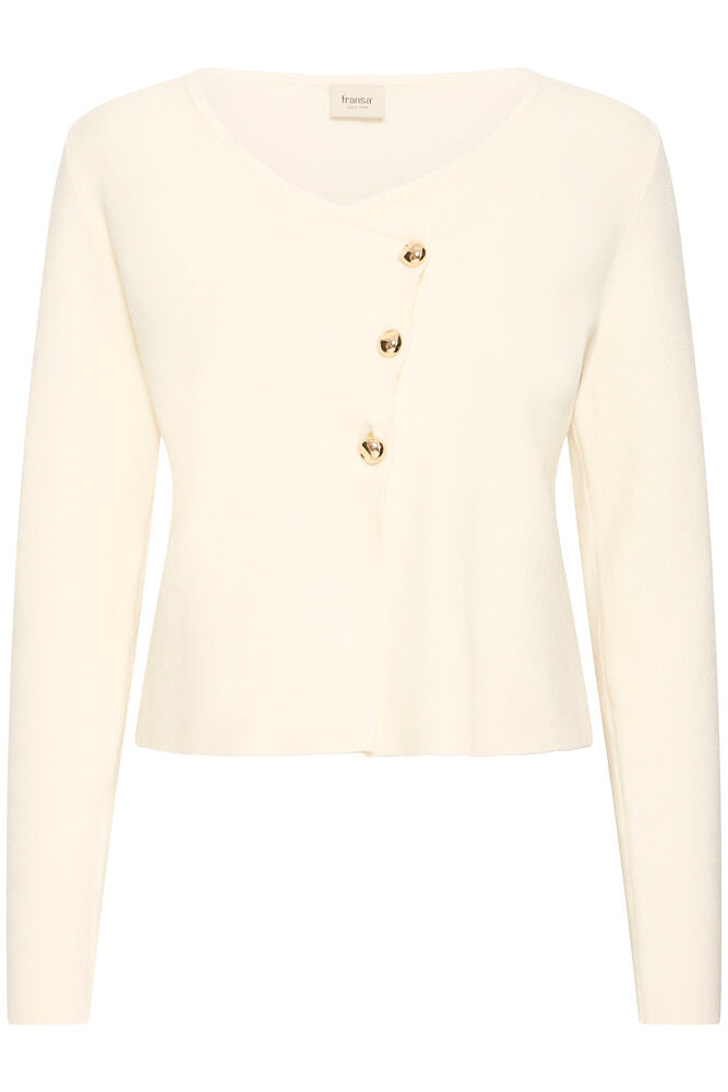 Fransa Cream & Gold Button Crossover Fitted Cardigan