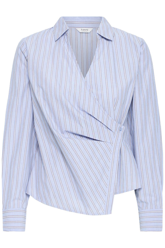 B Young Chambray Blue & Chocolate Brown Wrap Blouse