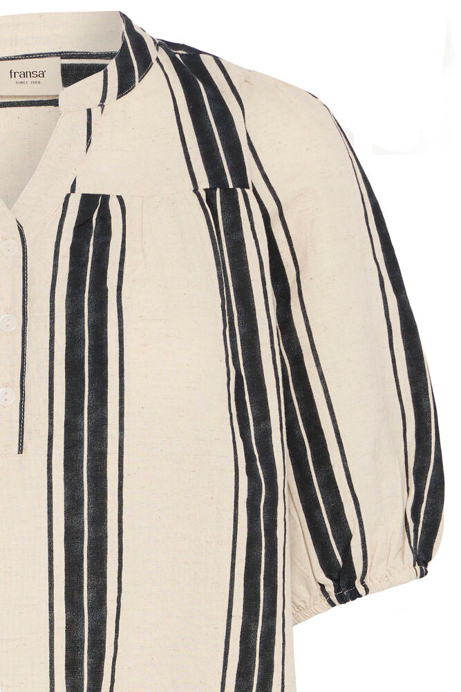 Fransa Neutral & Metorite Stripe Linen V Neck Blouse