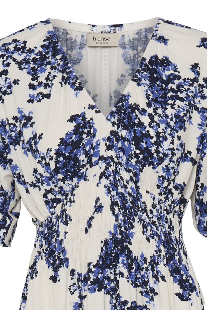 Fransa White & Blue/Navy Shirred Floral Midaxi Dress